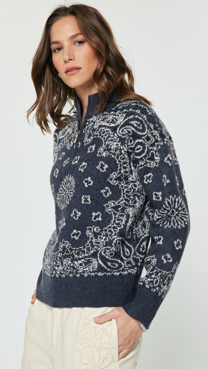 Paisley Jacquard Quarter Zip Sweater