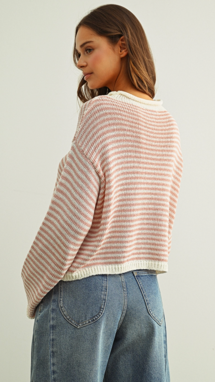 Rose And White Button Front Knit Cardigan