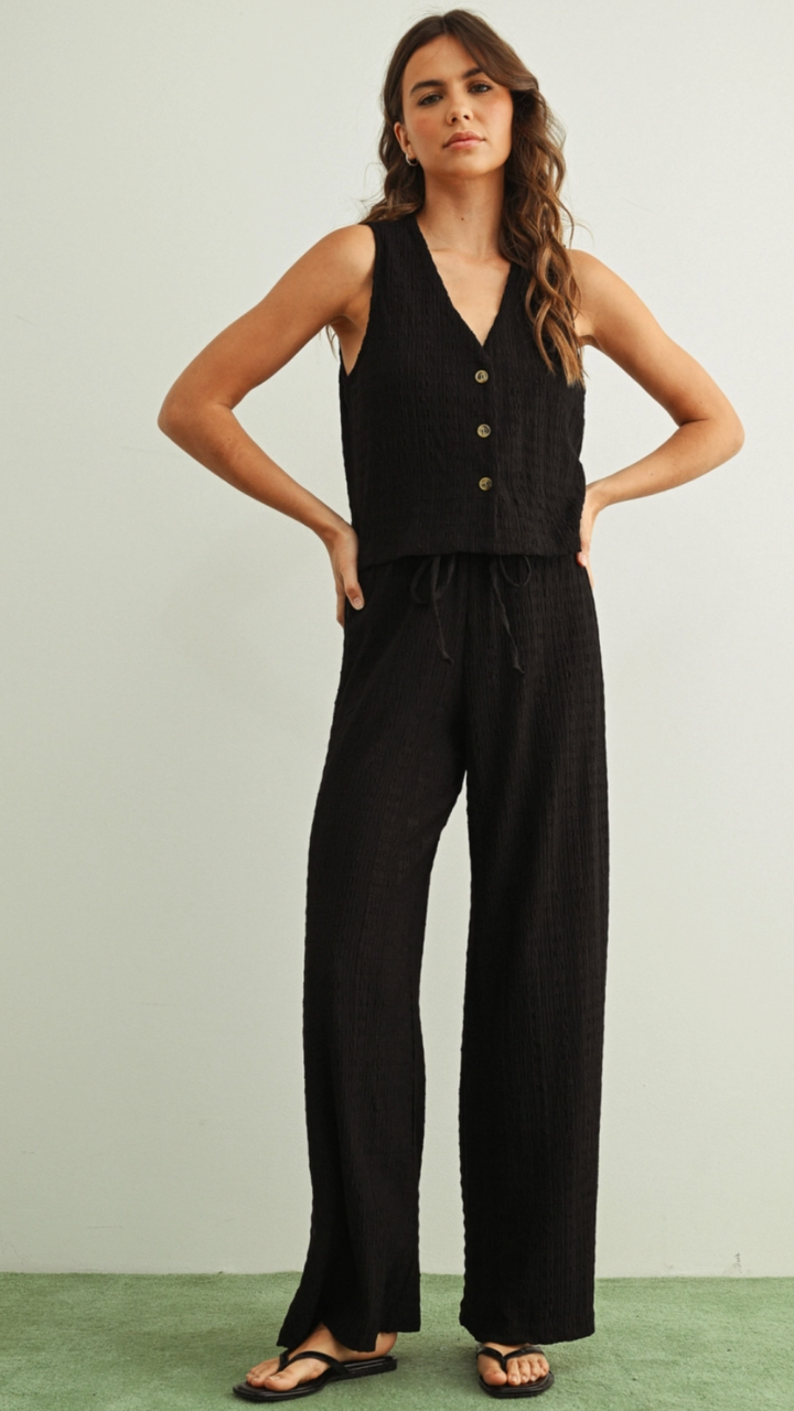 Black Crinkled Fabric Sleeveless Button Front Top And Bottoms Set