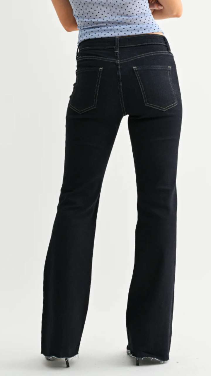 High Rise Super Dark Wash Scissor Cut Full Length Flare Jeans