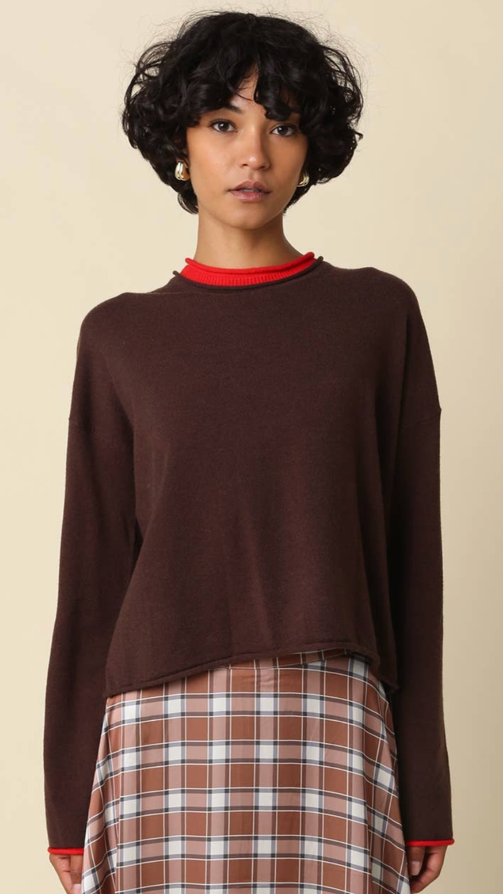 Coffee And Red Contrast Trim Knit Sweater