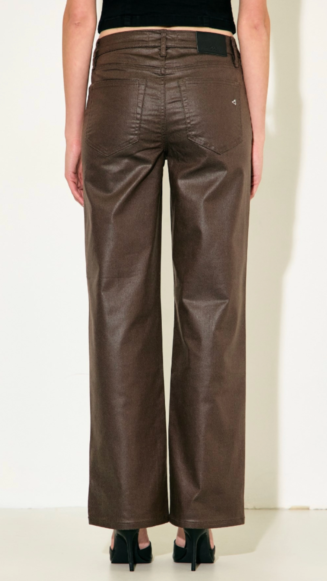 High Rise Coated Brown Classic Straight Full Length Jeans