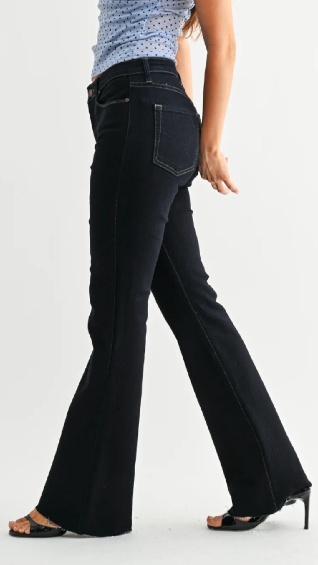 High Rise Super Dark Wash Scissor Cut Full Length Flare Jeans