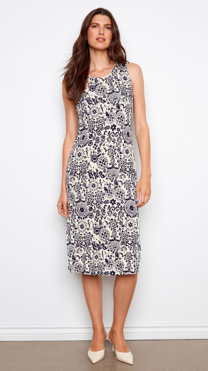 Black And Tan Printed Sleeveless Scoop Neck Midi Dress