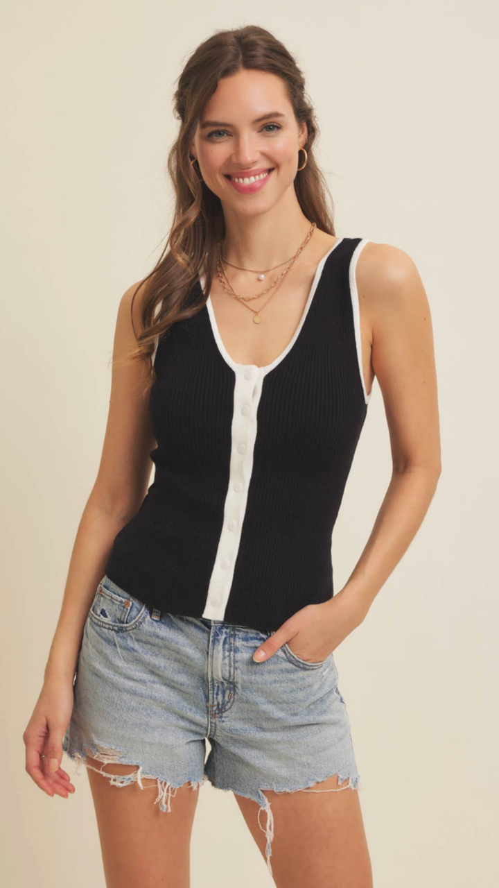 Black Rib Sweater Tank With Cream Contrast