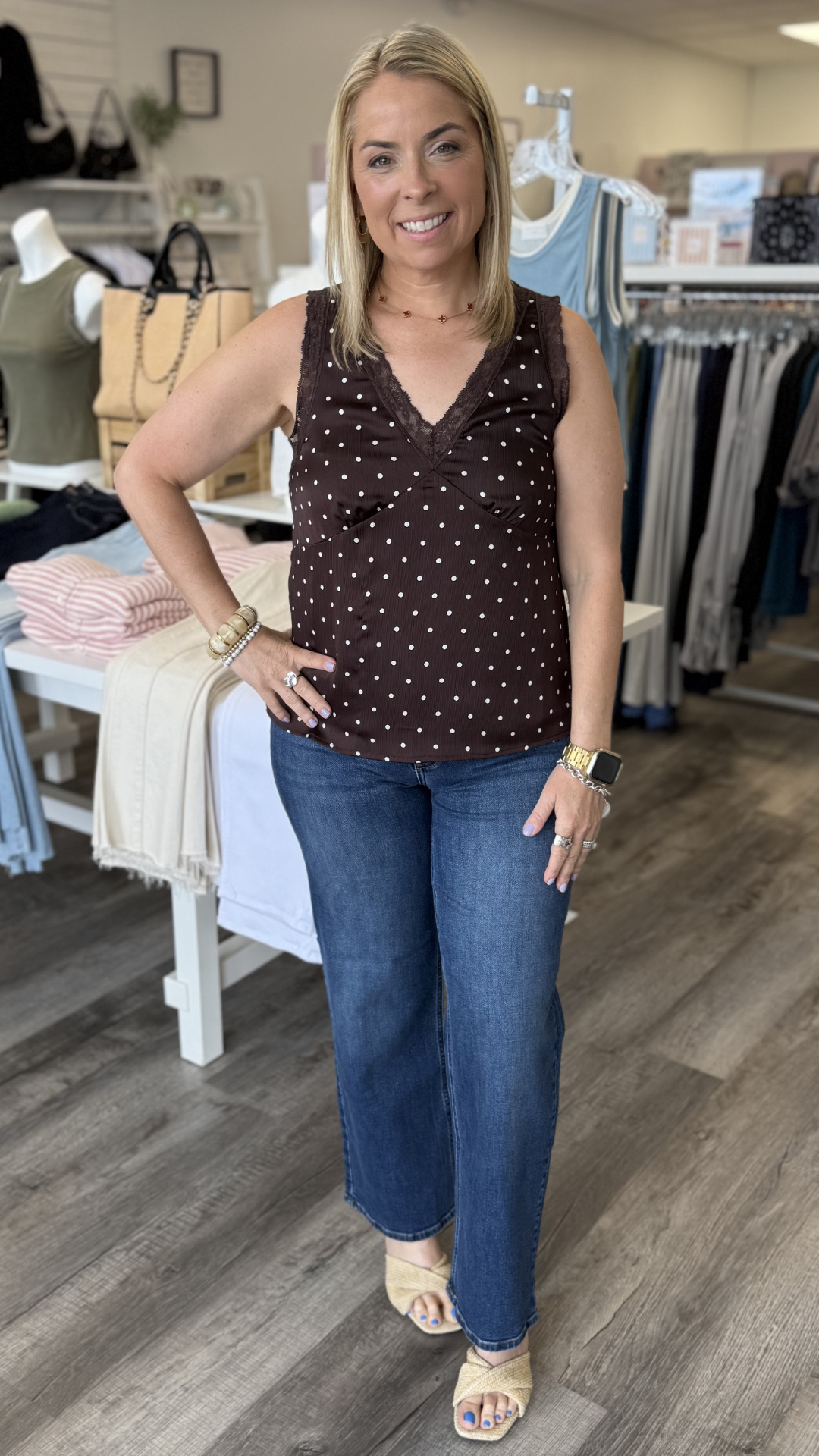 Polka Dot Satin Lace Trim Tank Top