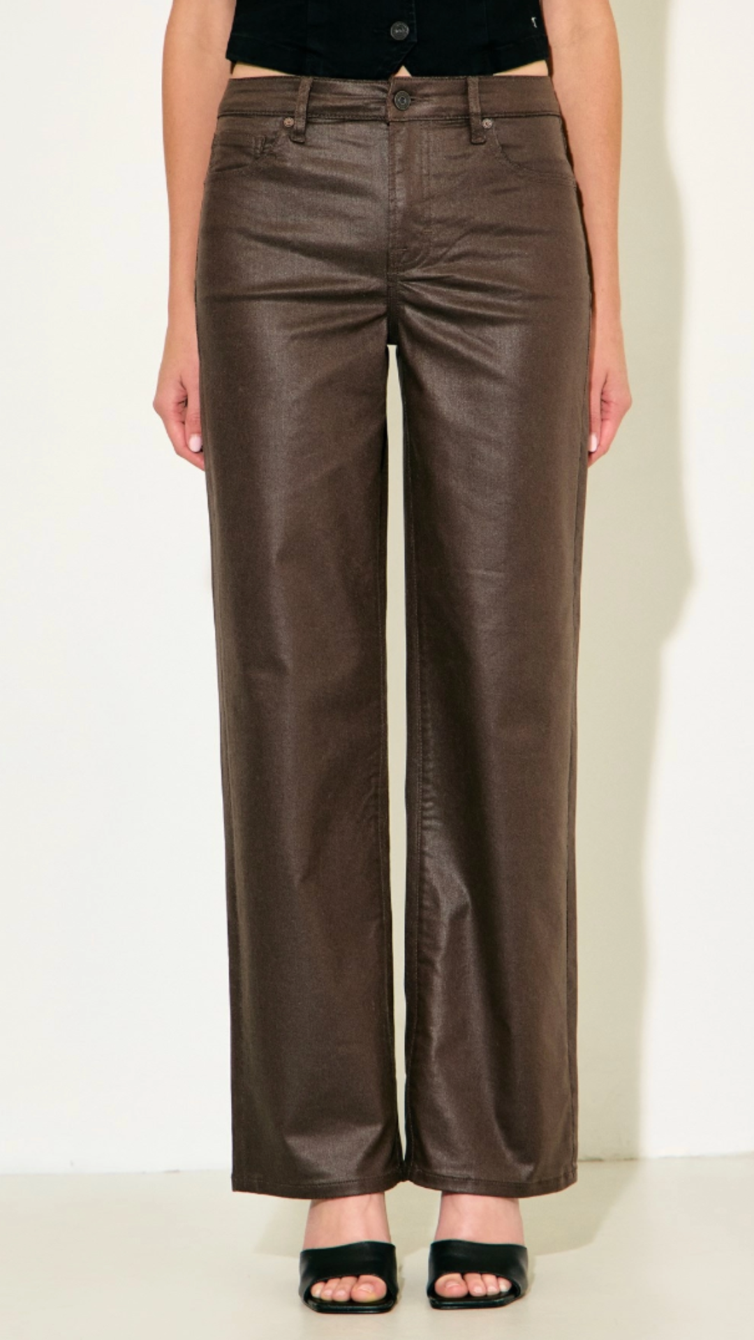 High Rise Coated Brown Classic Straight Full Length Jeans