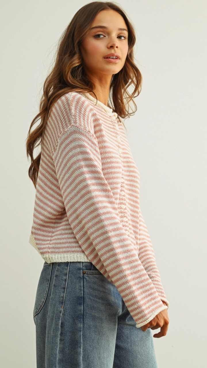 Rose And White Button Front Knit Cardigan