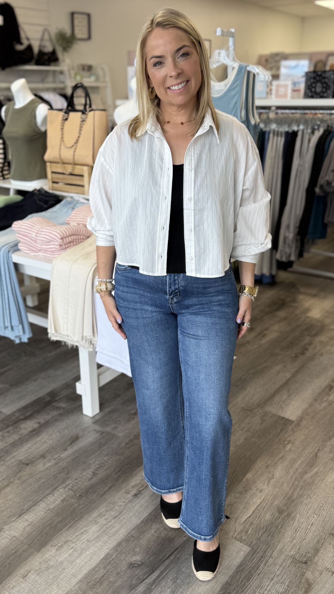 White Pin Stripe Buttondown Top