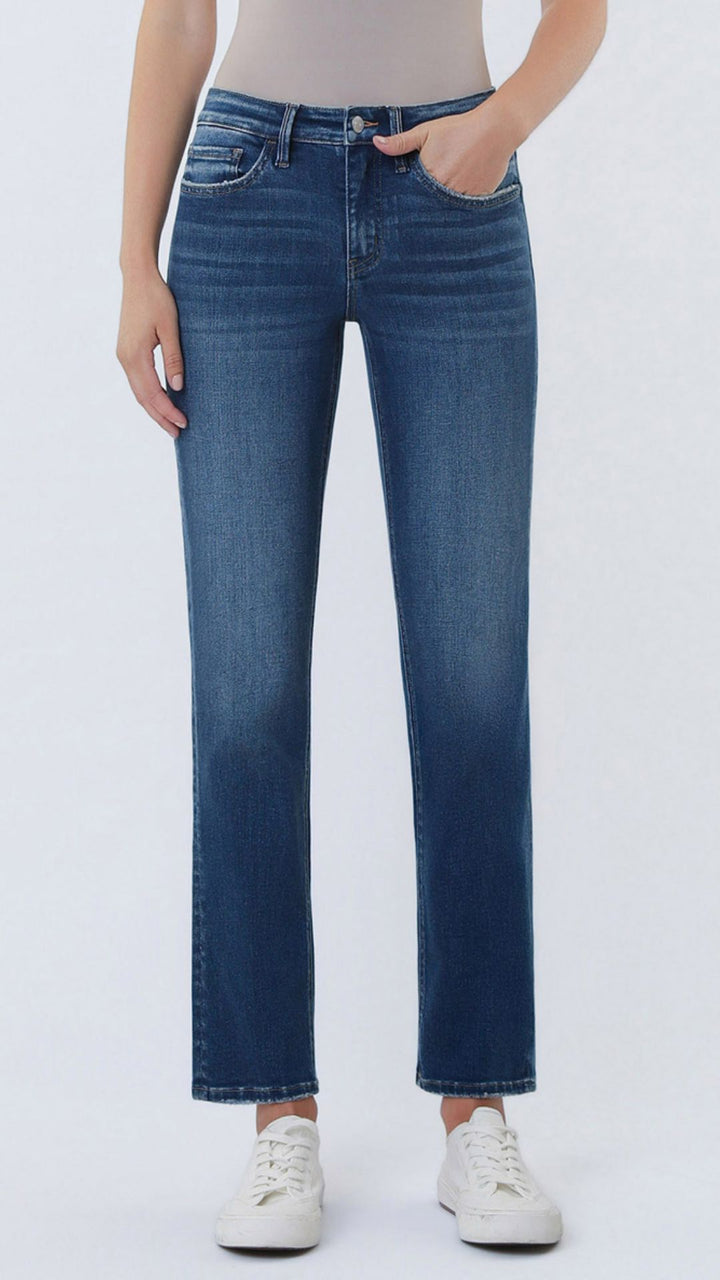 Mid Rise Dark Wash Ankle Slim Straight Jeans
