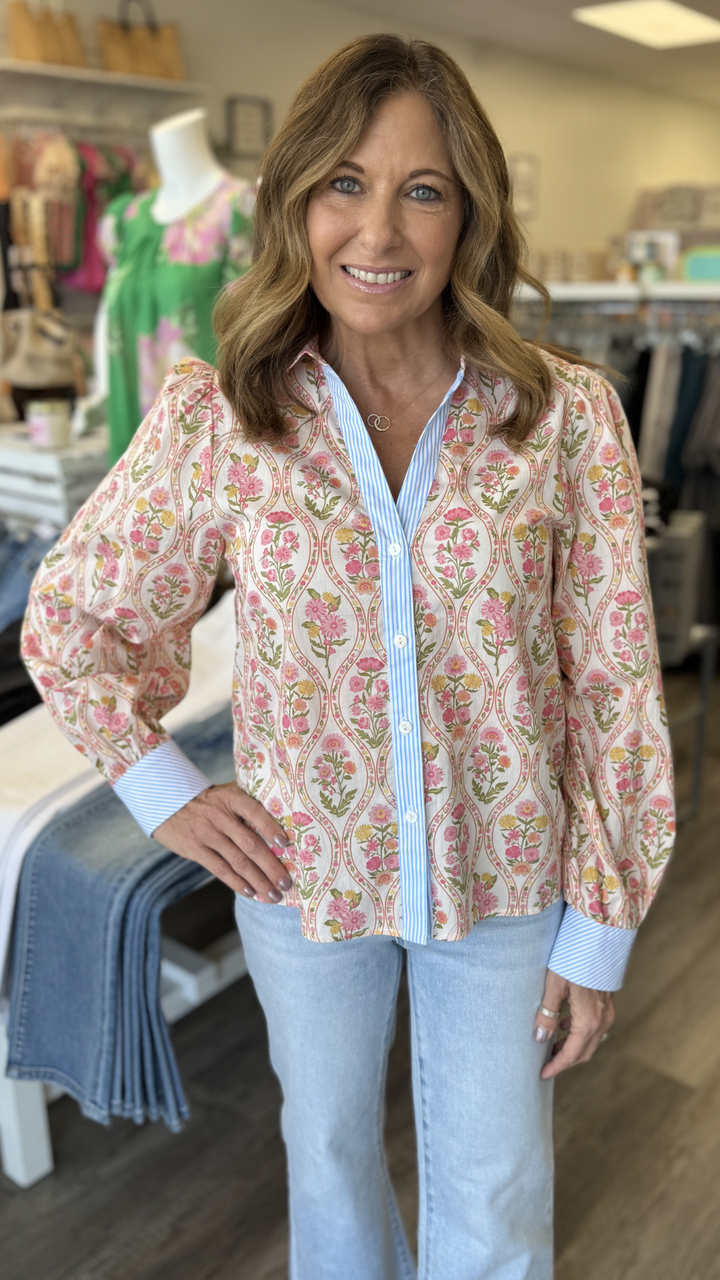 Long Sleeve Floral Contrast Trim Top