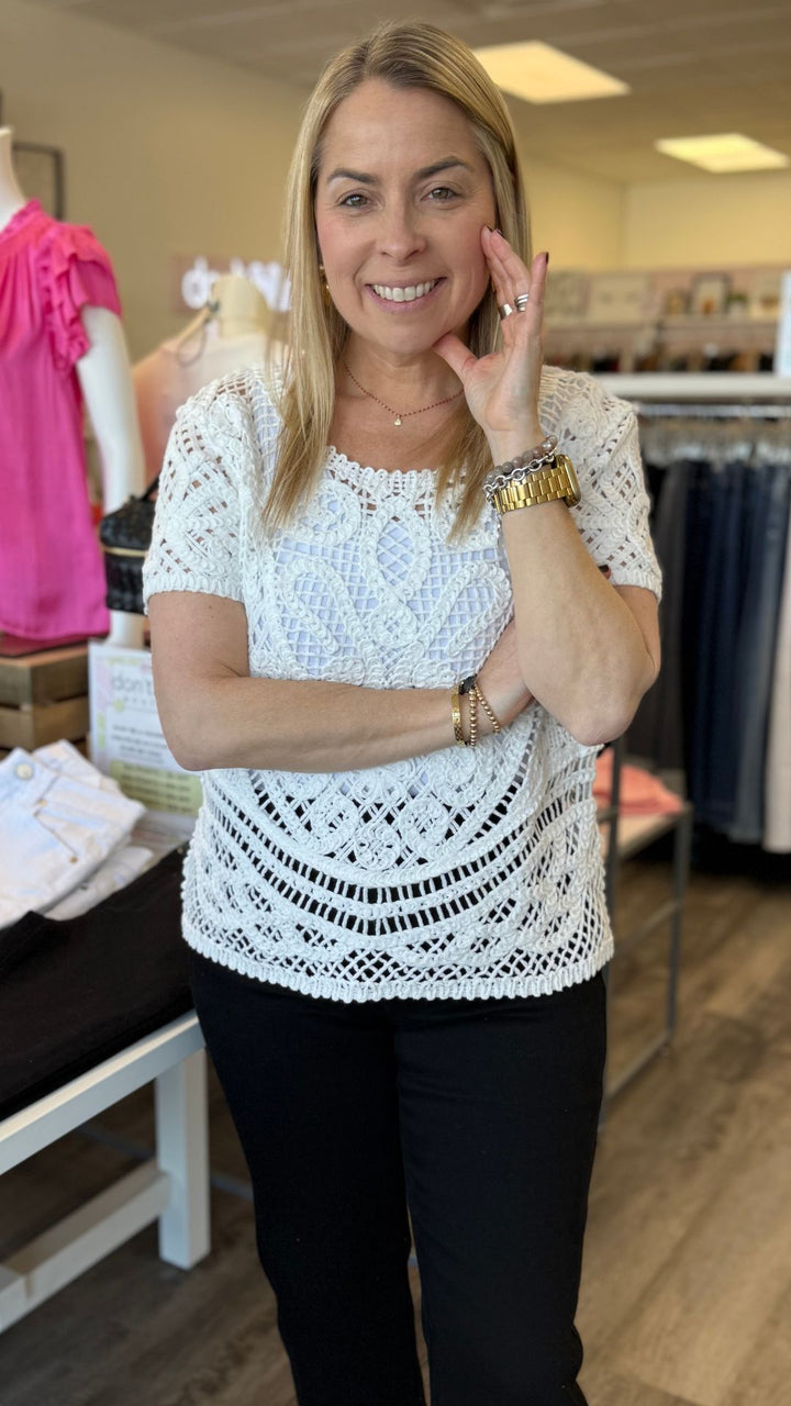 White Reversible Short Sleeve Crochet Top