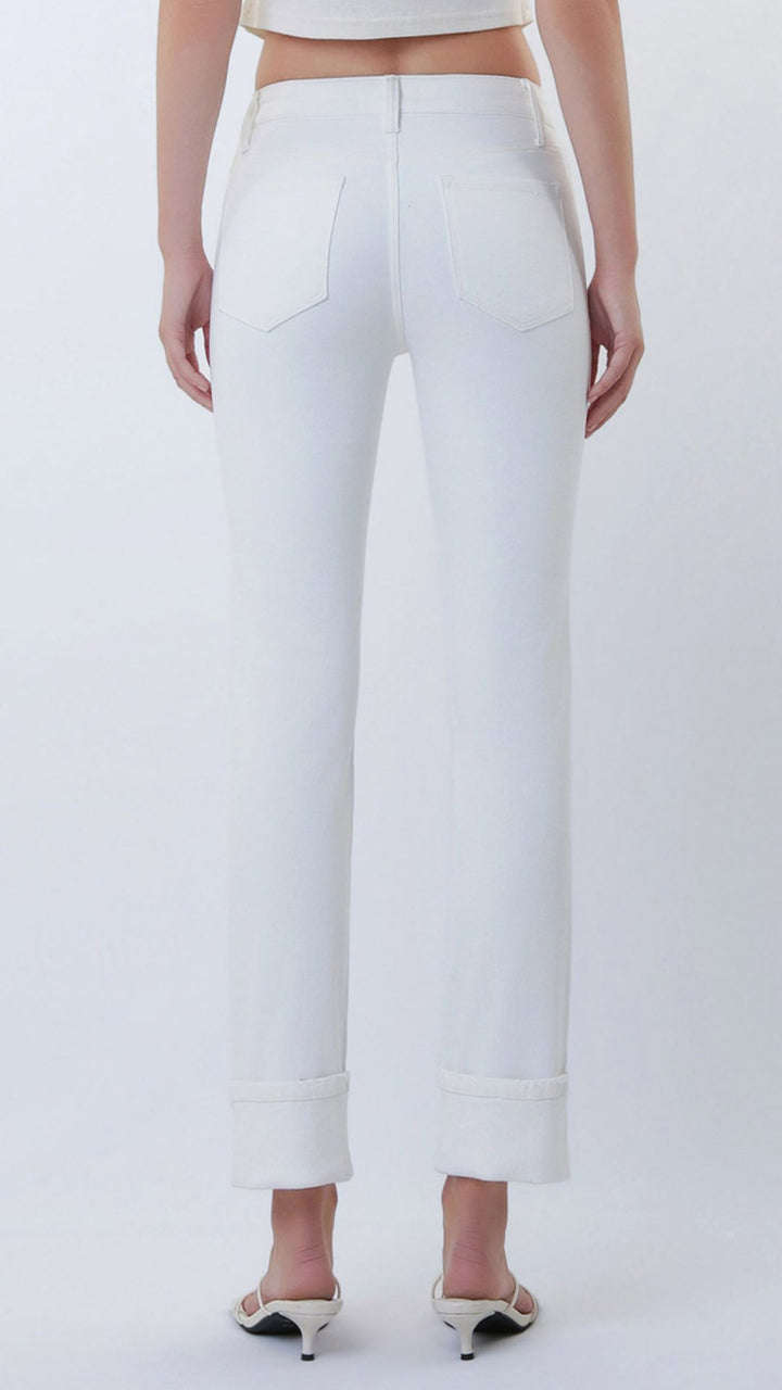 Mid Rise White Cuffed Ankle Slim Straight Jeans
