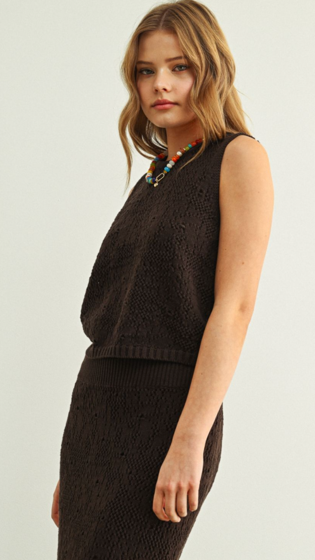 Chocolate Crochet Knit Top And Skirt Set