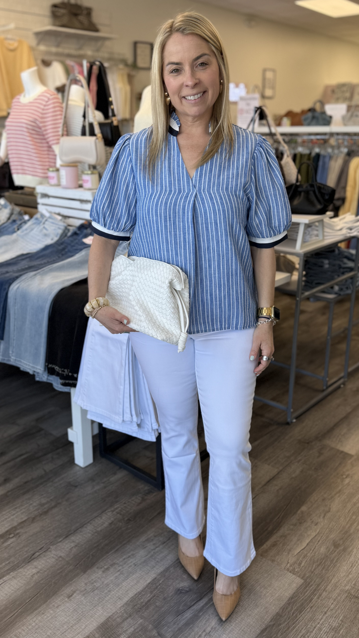 Short Sleeve Striped V Neck Top