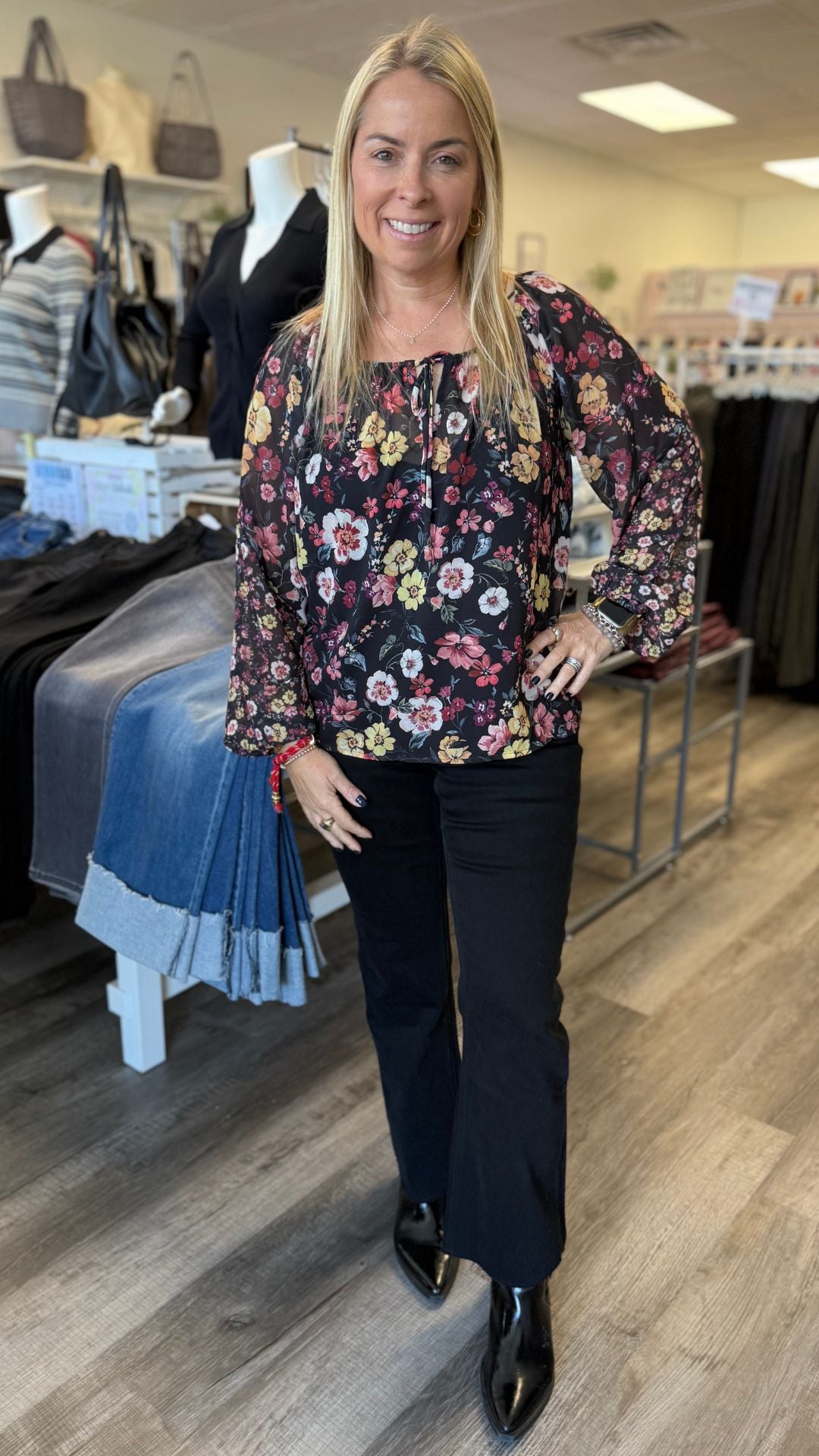 Floral Long Sleeve Blouse With Neck Tie