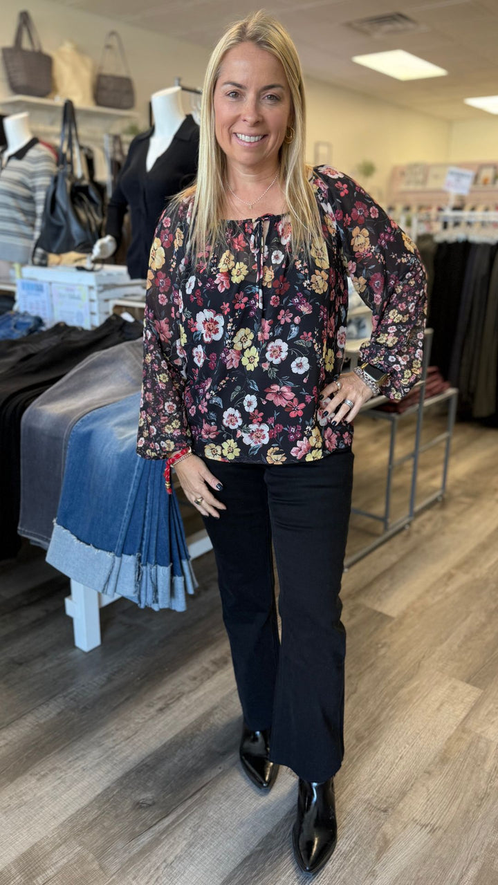 Floral Long Sleeve Blouse With Neck Tie