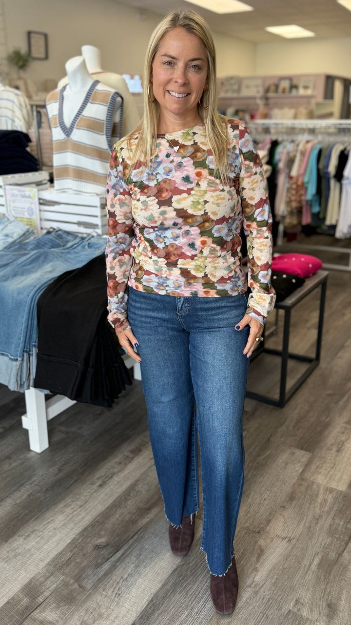 Botanical Printed Mesh Top With Gathering At Sides