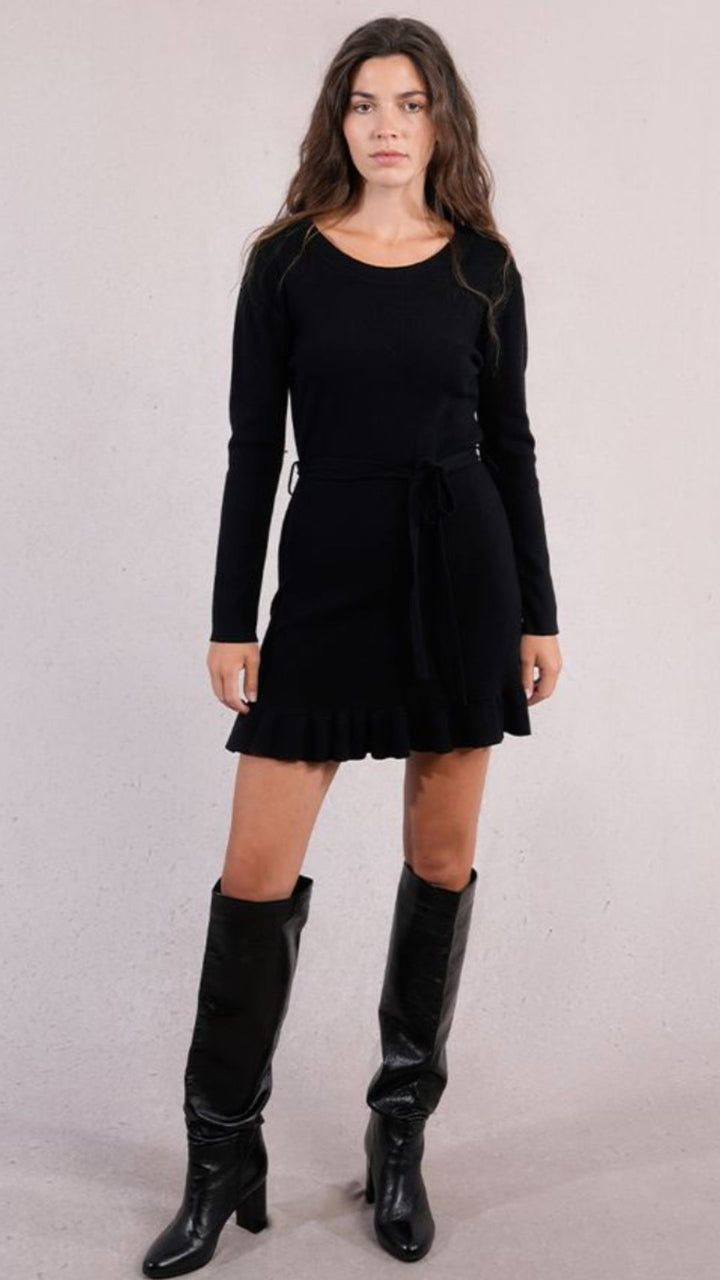 Black Knit Sweater Dress With Tie