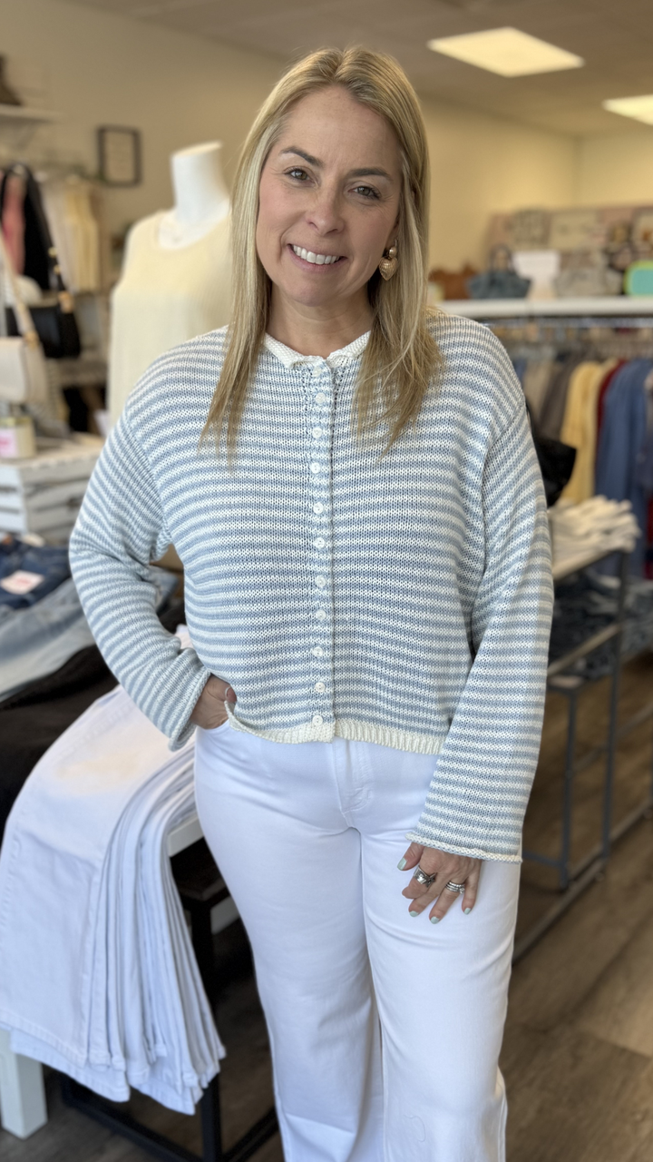 Sky Blue And White Button Front Knit Cardigan