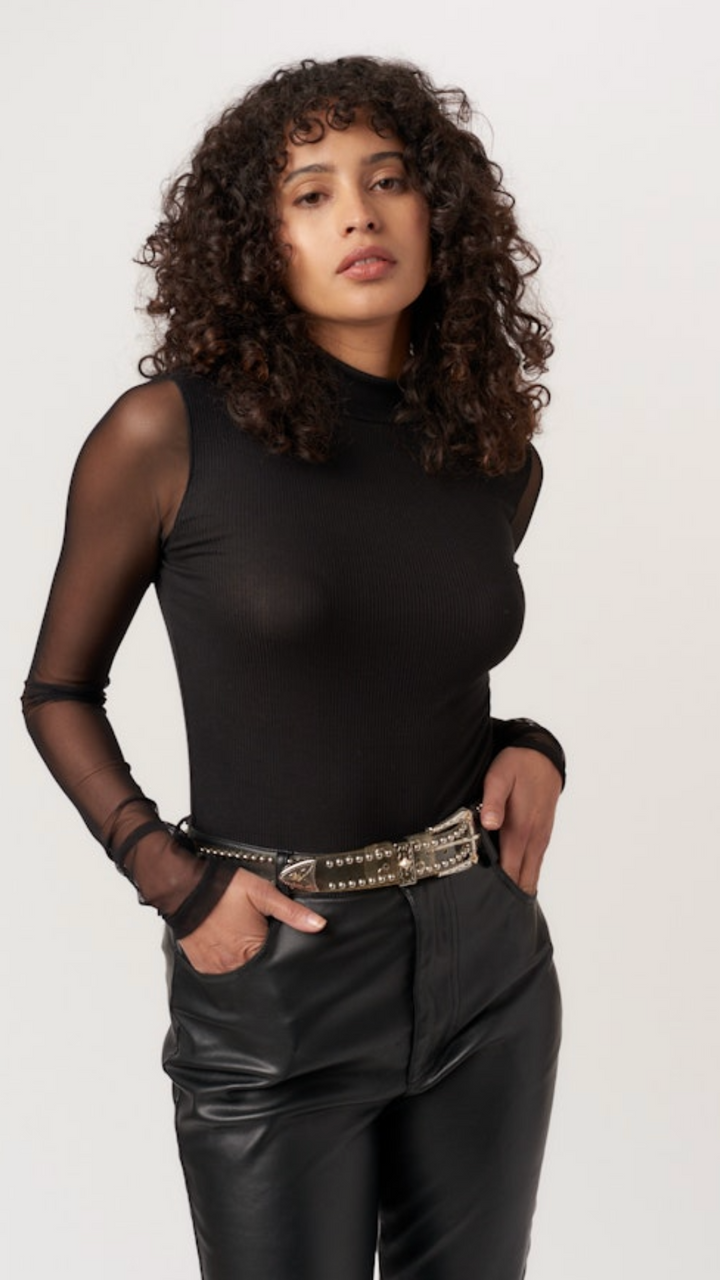 Amora Mixed Mesh Mock Neck Long Sleeve