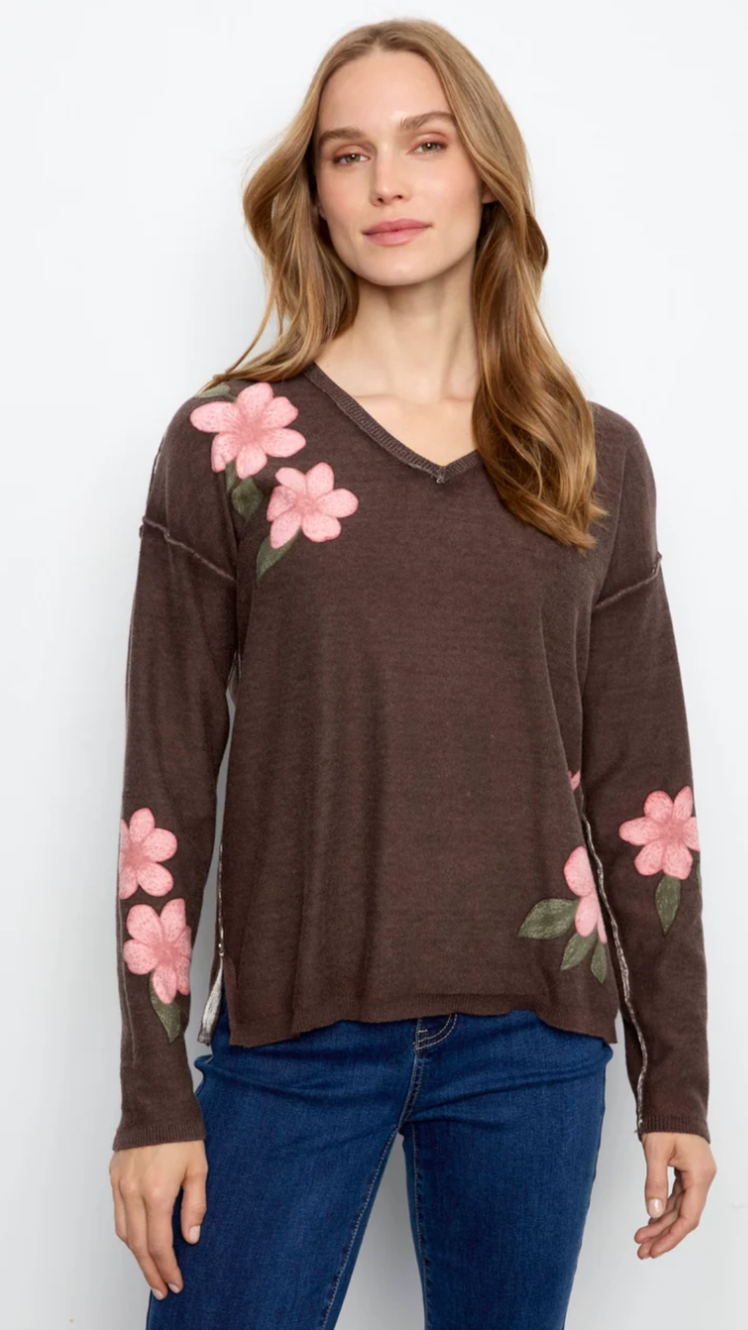 Coffee Floral Reversible V Neck Sweater