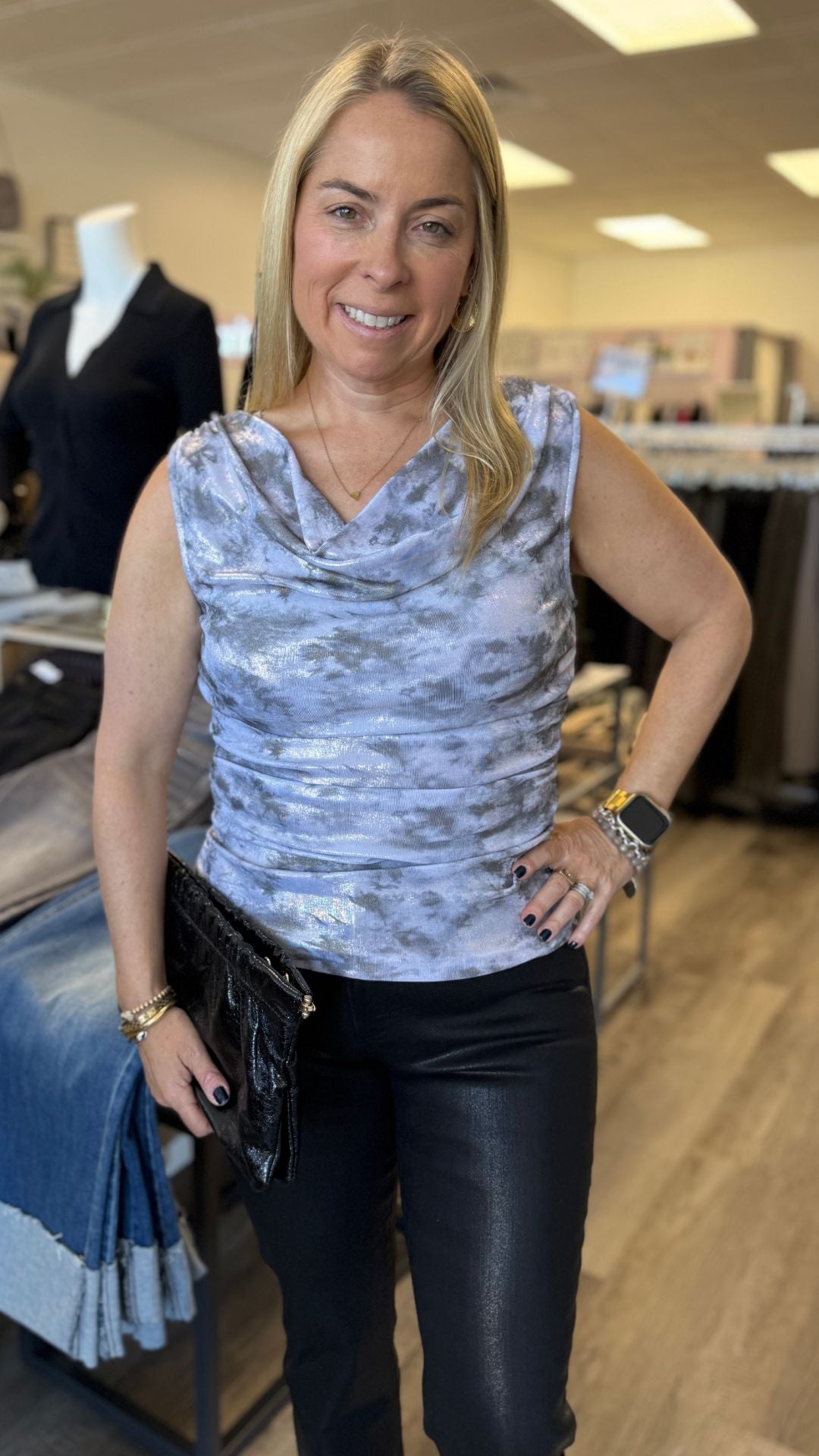 Grey Gold Cowl Neck Ruched Metallic Tank