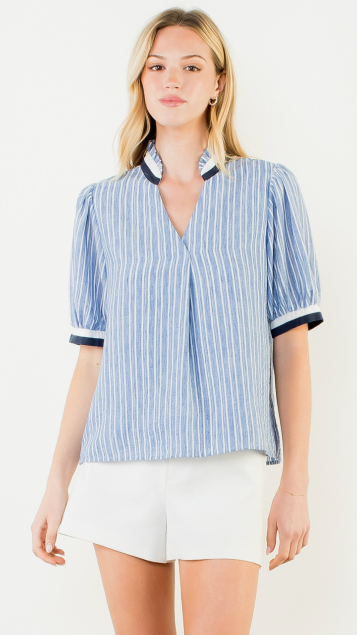 Short Sleeve Striped V Neck Top