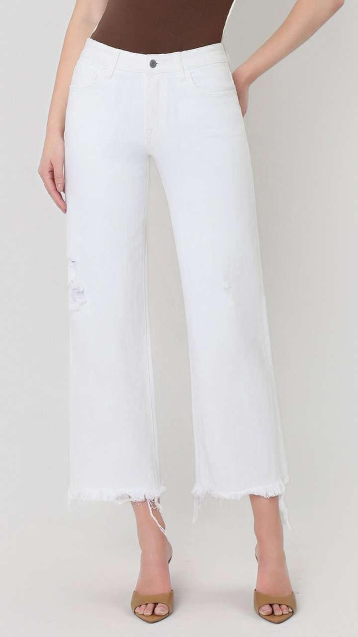 High Rise Optic White Slight Distressed Raw Hem Crop Wide Jeans