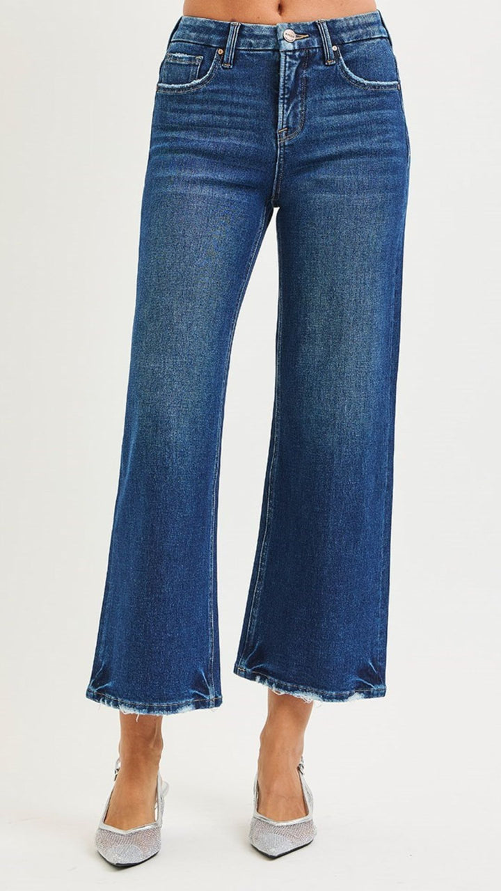 High Rise Tummy Control Dark Wash 4 Way Stretch Wide Leg Jeans