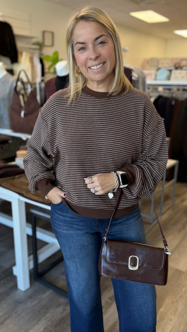 Brown And Cream Stripe Crewneck Top