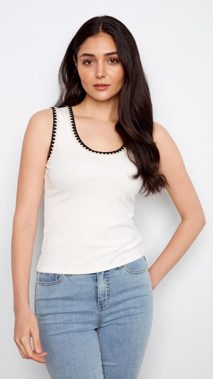 Ecru Knit Tank With Crochet Trim Detail