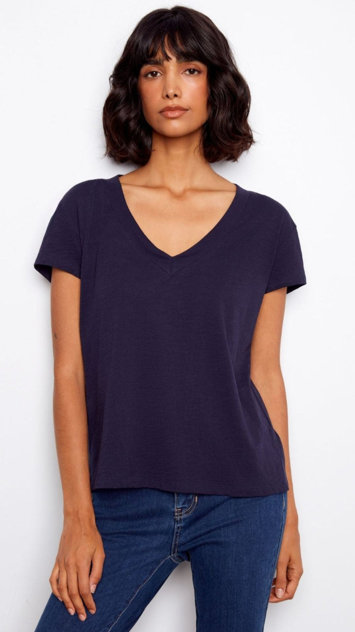 Navy Drop Shoulder V Neck Tee