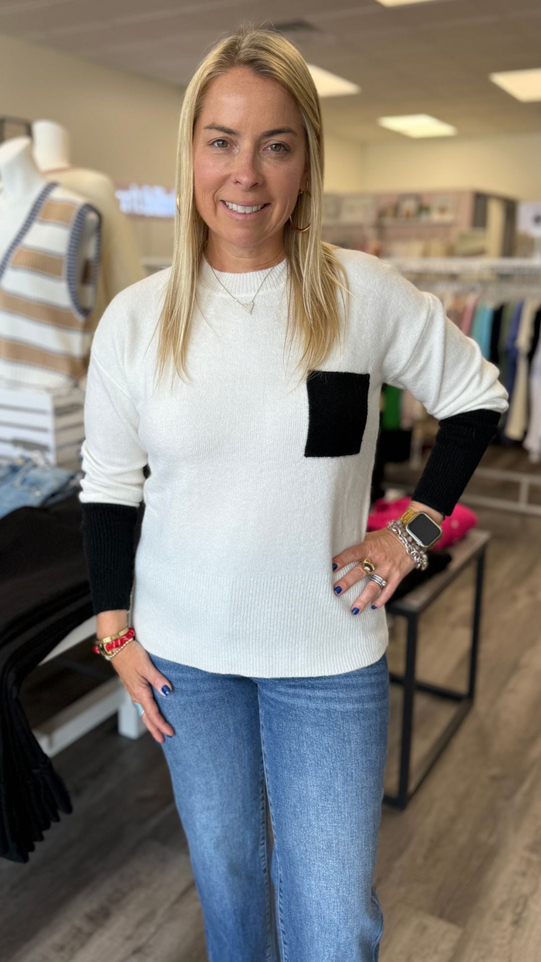 Ecru Crew Neck Sweater With Contrast Details