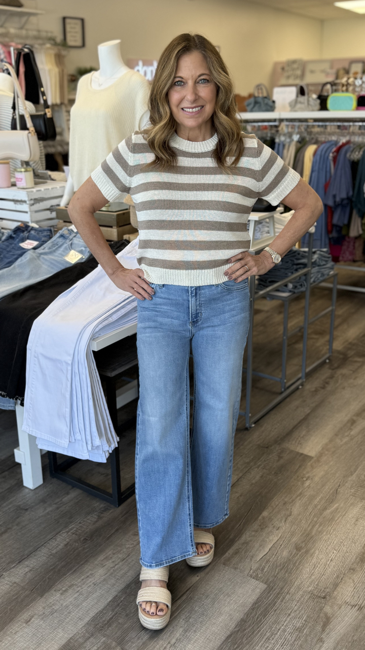Mocha Striped Knitted Short Sleeve Top