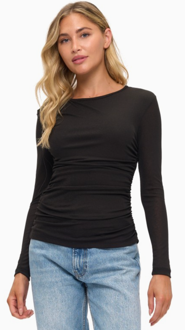 Black Mesh Long Sleeve Ruched Top