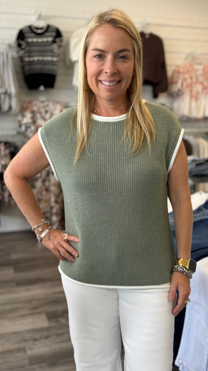 Hazel Green Contrast Rolled Knitted Sweater Vest