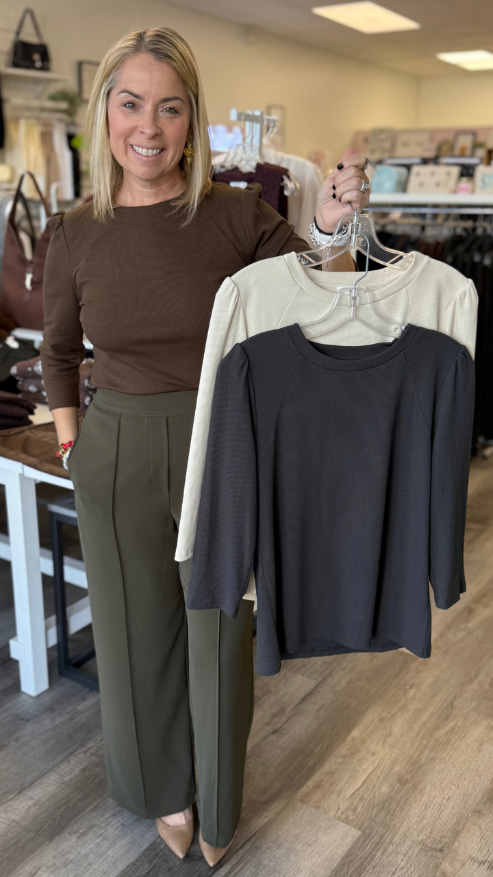 Charcoal Puff Sleeve Knit Top