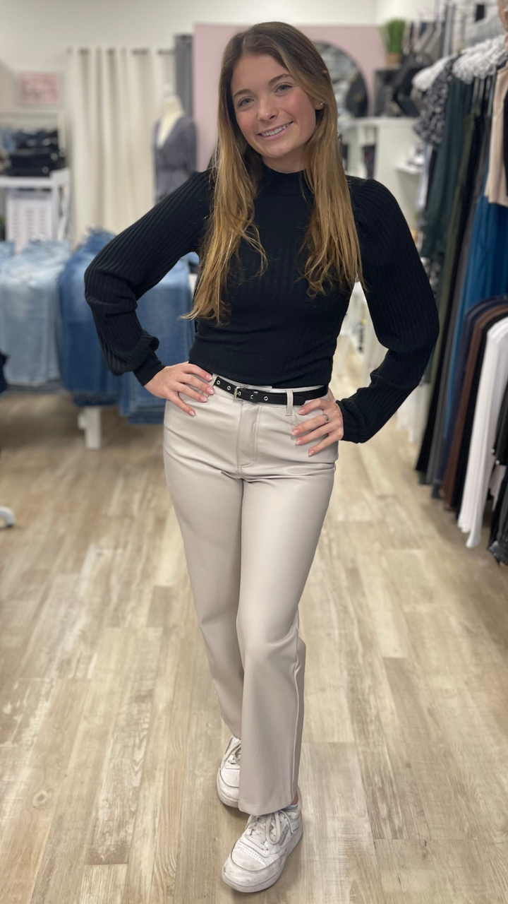 Cream Faux Leather Straight Pants