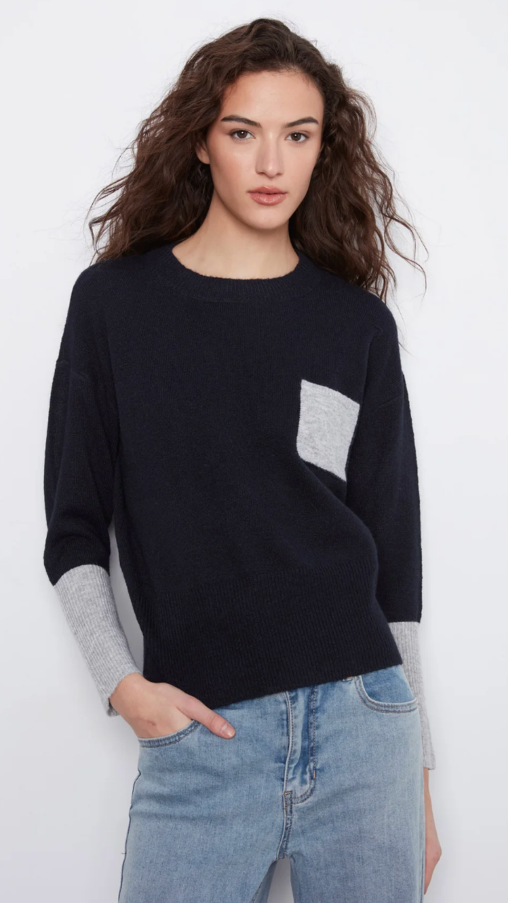 Navy Crew Neck Sweater With Grey Contrast Details