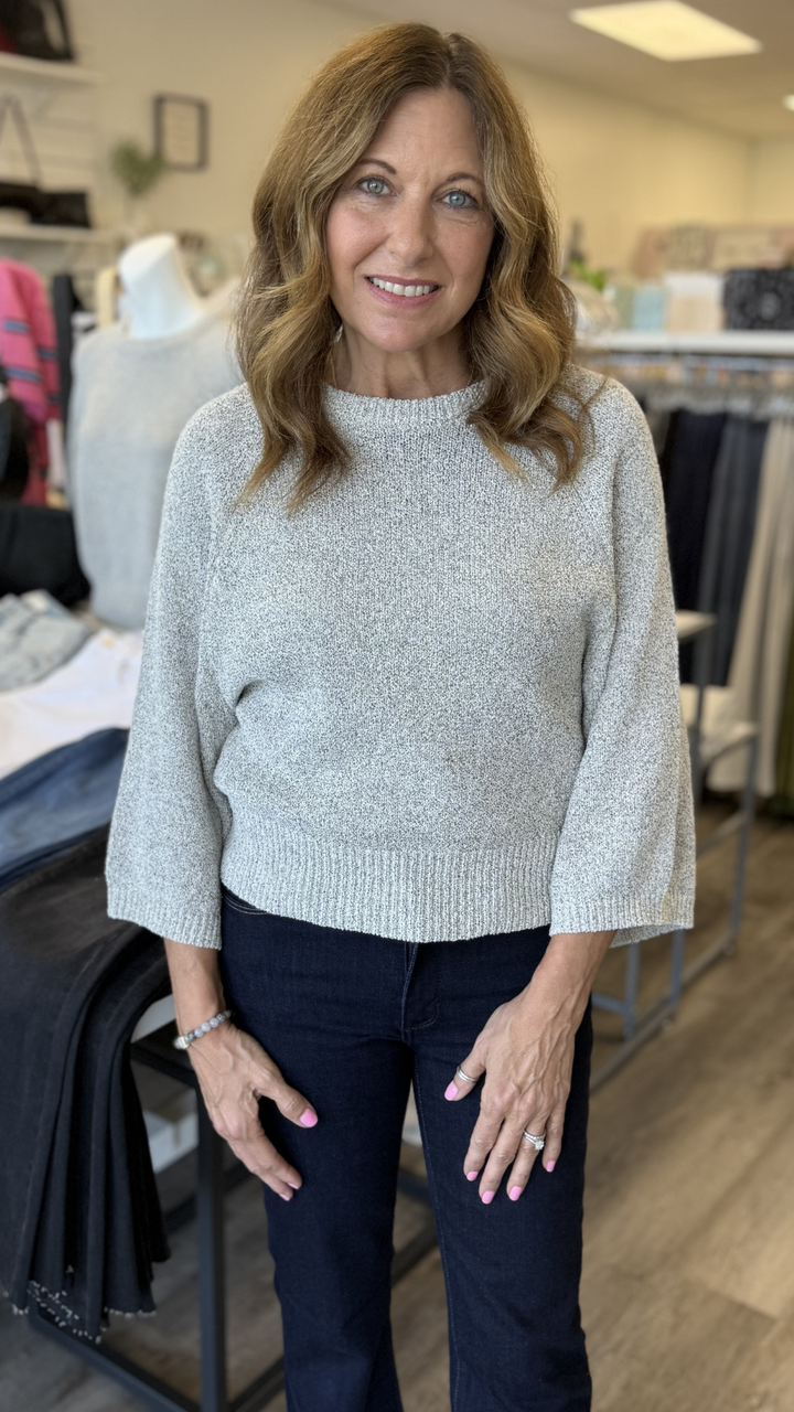 Salt And Pepper Round Neck Quarter Sleeve Knitted Top