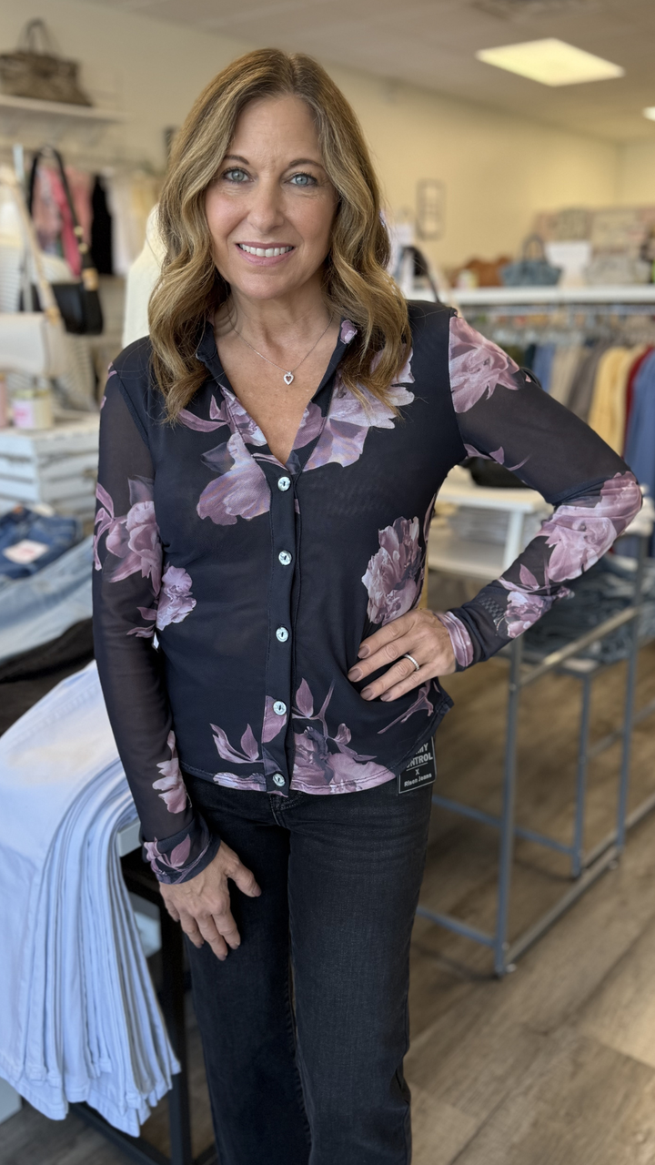 Pink Floral Collared Mesh Top