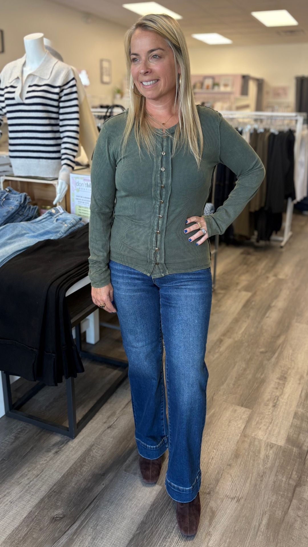 Forest Green Snow Wash Rib Button Down Long Sleeve