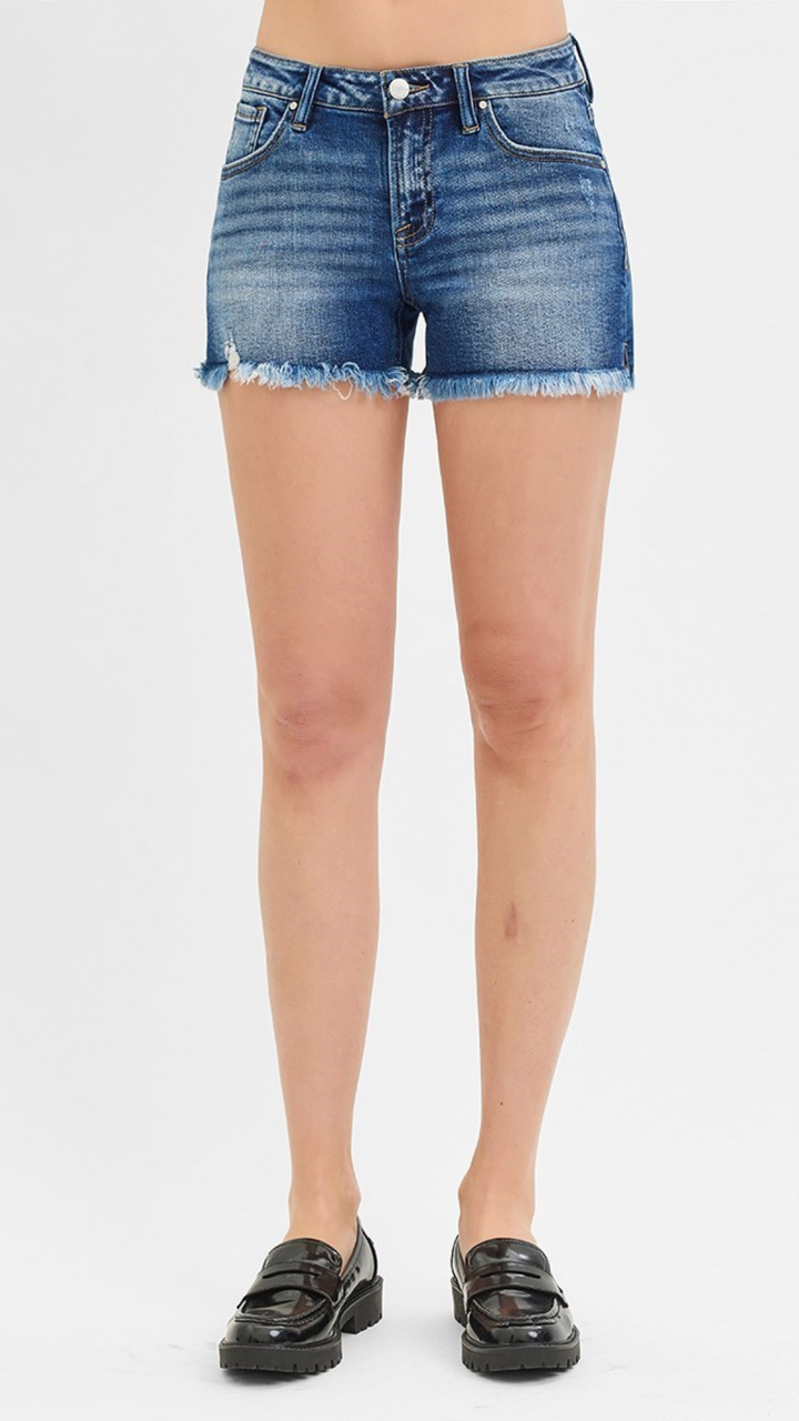 Low Rise Dark Wash Frayed Hem Shorts