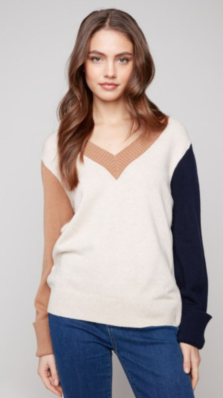 Truffle Colorblock V Neck Sweater