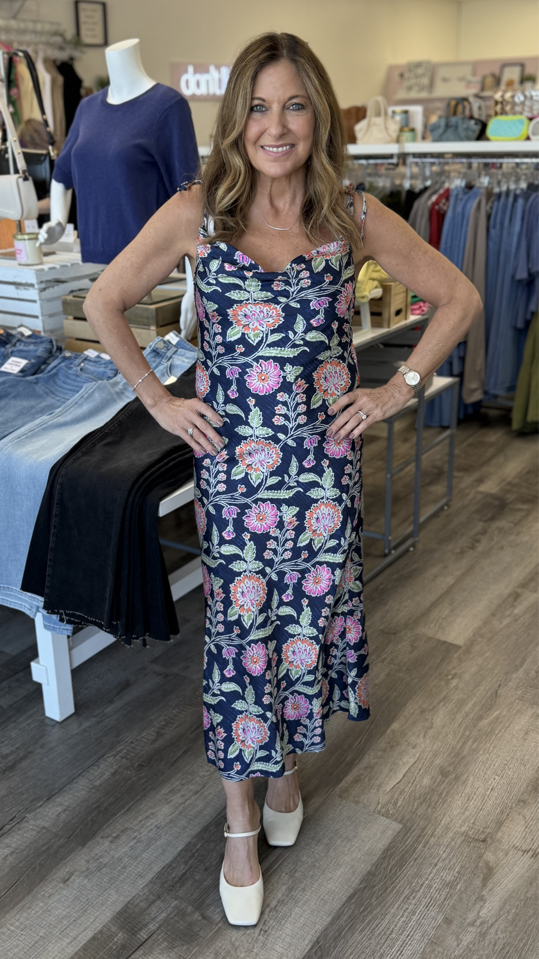 Tie Strap Cowl Neck Floral Midi Dress