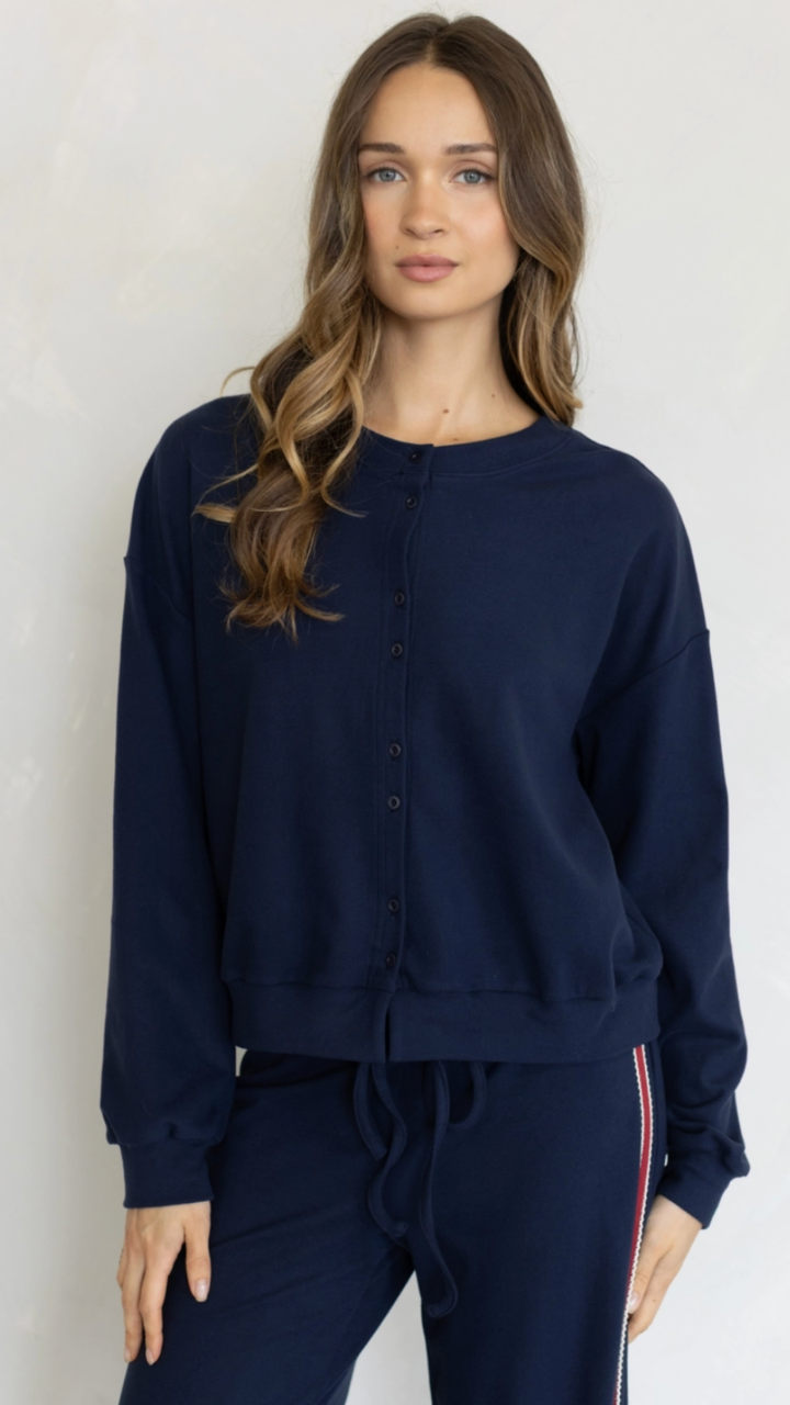Navy Cardigan And Red Side Stripe Knit Pants Set