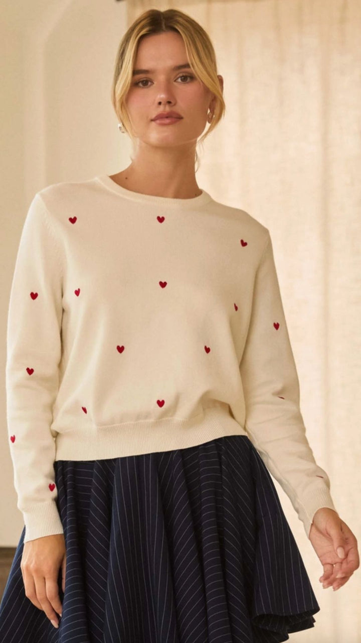 White And Red Heart Embroidery Sweater Top