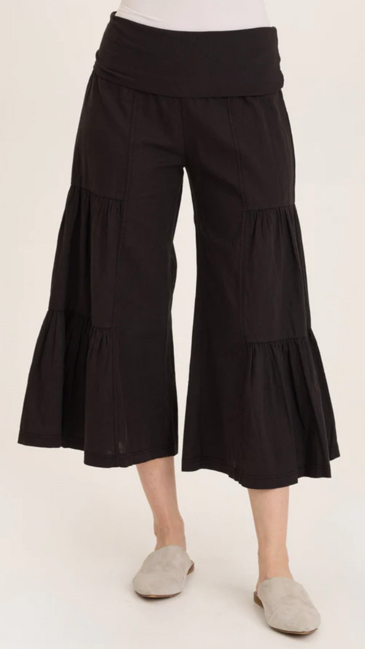 Black Linen Side Tier Wide Leg Palazzo Pants