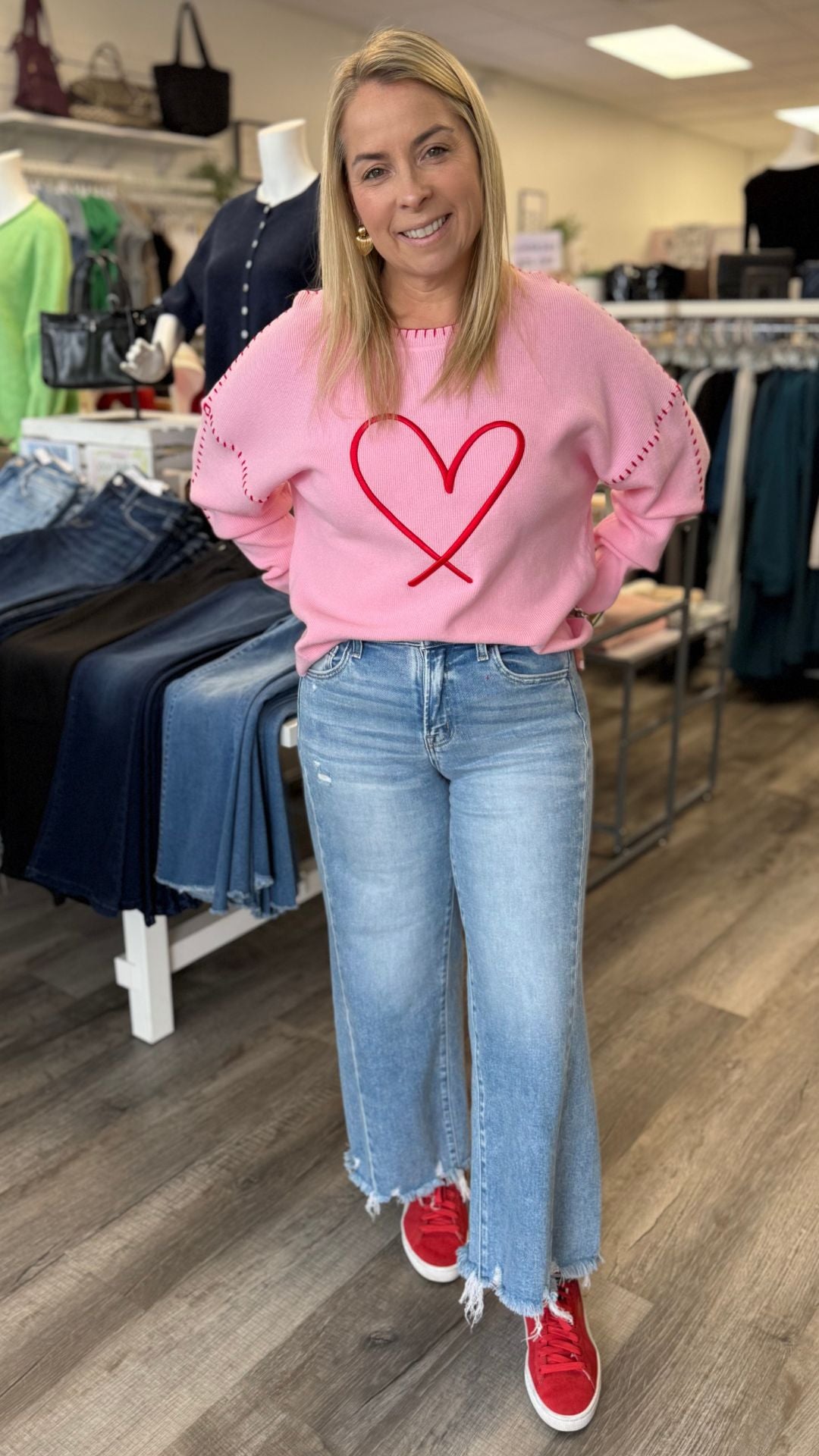 Heart Embroidered Sweater With Blanket Stitch